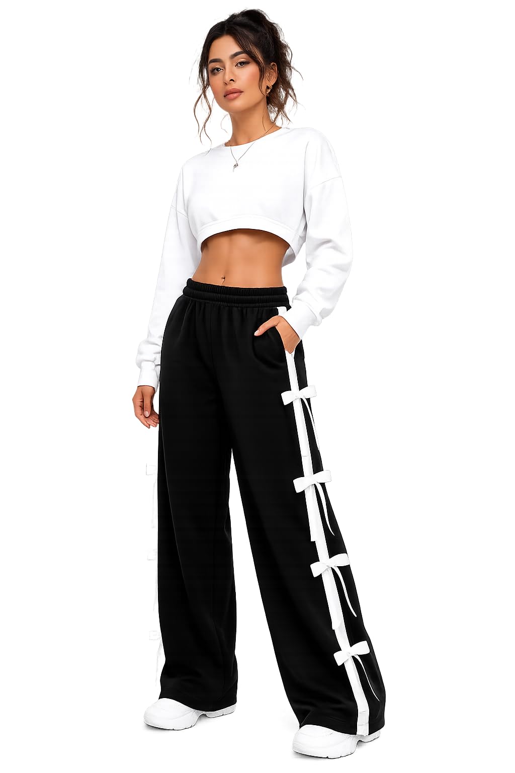 Women Wide Leg Track Pants High Waist Palazzo Pants with Side Bow Ribbon Design | Loose Fit Korean Style Jogger Trousers | Casual Streetwear Lounge Travel Pants for Women-image-25