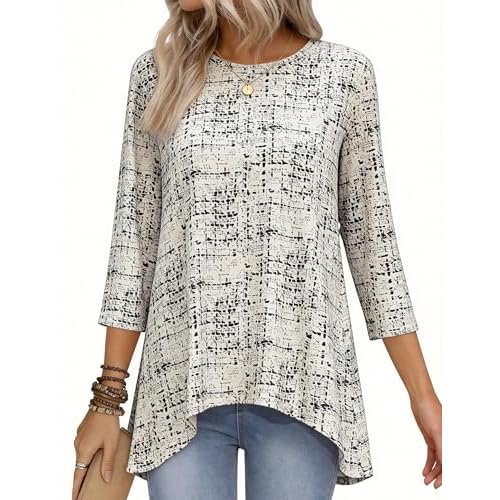 Totatuit Women's Tops 3/4 Sleeve Dressy Casual Tunic Tops to Wear with Leggings Swing Flare T-Shirt Loose Fit Blouses Blue Striped S