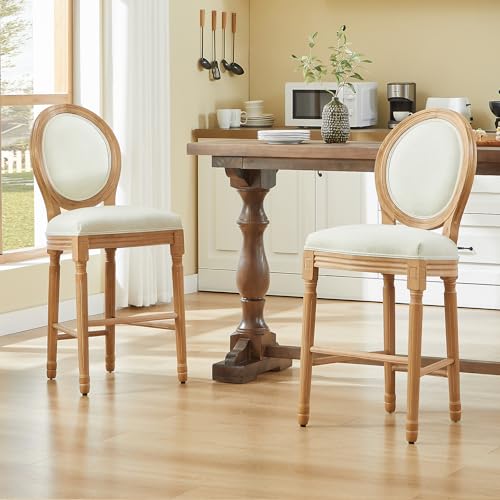 Image of Virabit Counter Height Bar Stools Set of 2, French Country Bar Stool with Solid Wood Frame and Upholstered Seating, Vintage Bar Chair