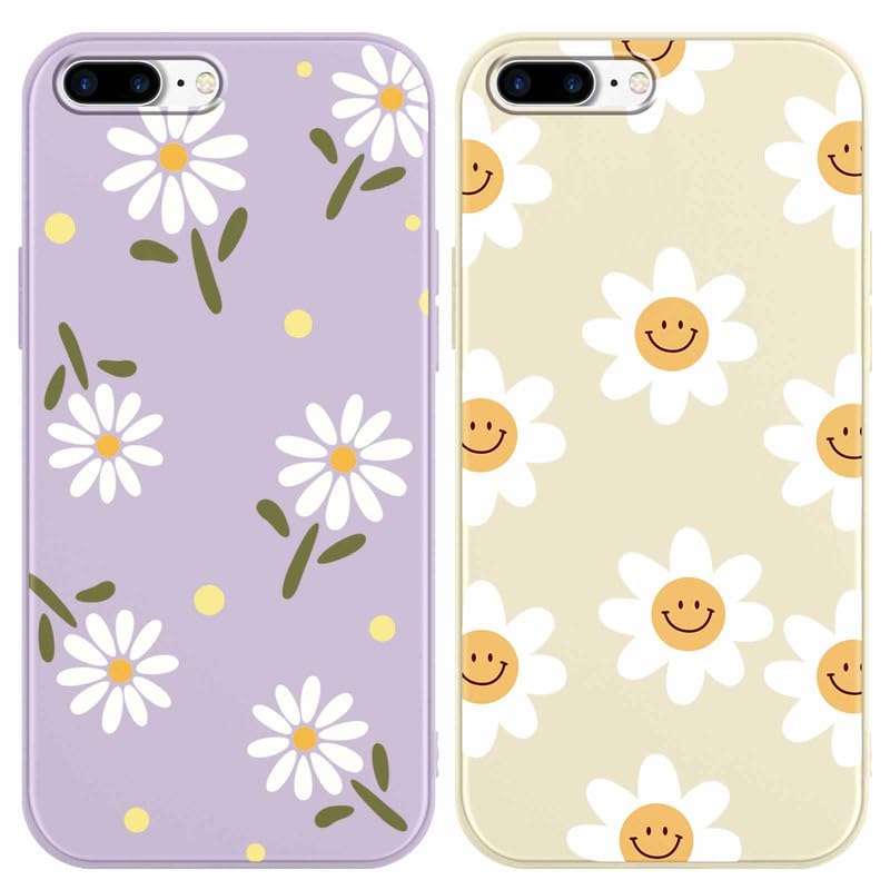 2 Pack Cute Daisy Flowers for iPhone 7 Plus/8 Plus 5.5" Phone Case,Smile Pattern Aesthetic Design Cases Soft Silicone Slim TPU Shockproof Protective Fundas for Teen Girls Women (Purple&Beige)