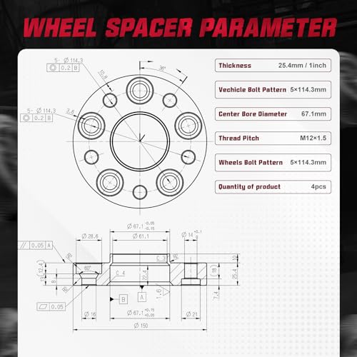 Image of BDFHYK 5x114.3mm Wheel Bolt Pattern 1 inch 5x4.5 Hubcentric Wheel Spacer Compatible with 200 Sebring CX-5 CX-7 G70 G80 MKZ Azera Amanti, 5 Lug Wheel Adapters M12x1.5 & 67.1 mm Hub Bore, Set of 4