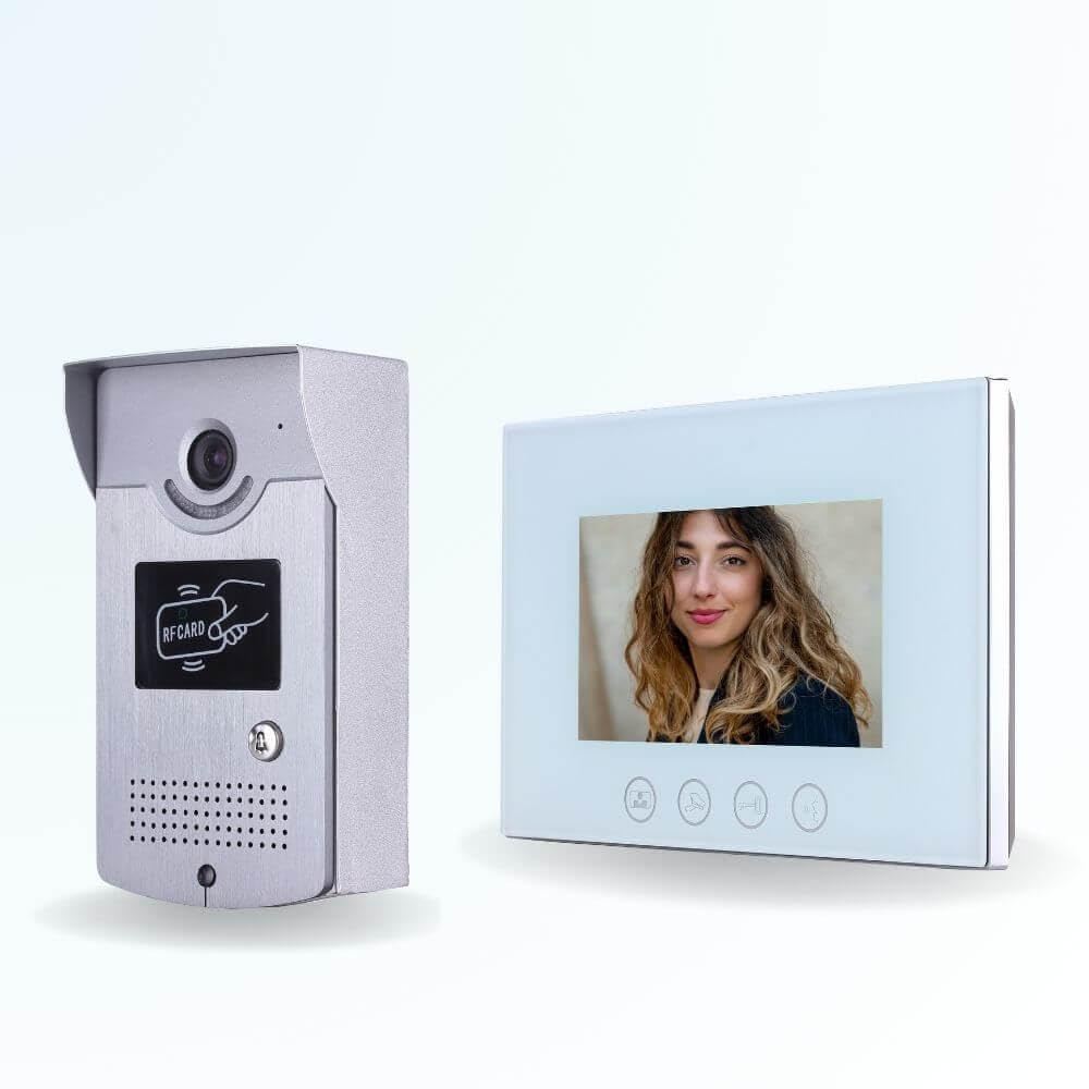 Portier interphone vidéo Cards 4 Fils pour 2 entrées - 1 Appartement - 2 platines - 1 écran Blanc 7" - avec mémoire Photos - avec Lecteur de Badge