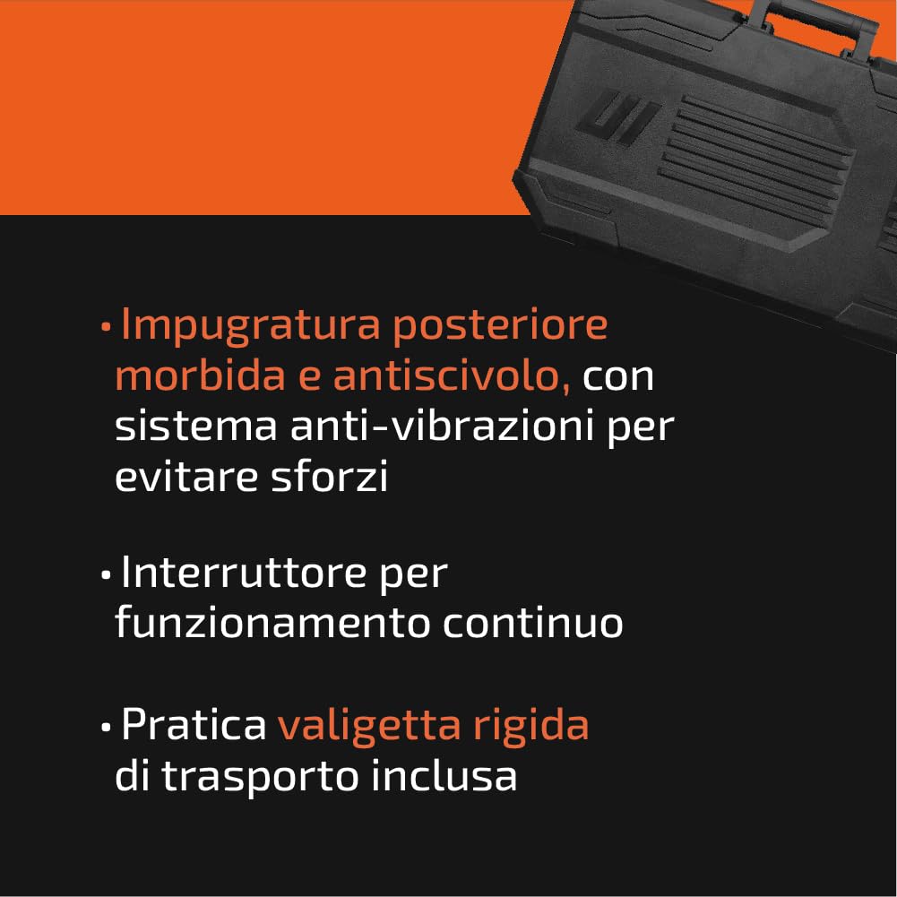 Martello Demolitore Professionale -1300W con 3 Punte e Scalpello - Martello Per Lavori di Demolizione su Cemento e Muratura - Demolitore Elettrico ad alta potenza e Manico Antivibrazione