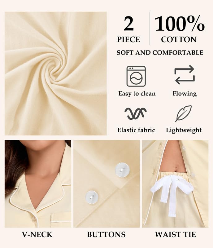 Image of CF 100% Cotton Pajamas for Women Set 2 Piece Short Sleeve Tops and Long Pants Comfy Well-Fitted Loungewear Set Pj Sets