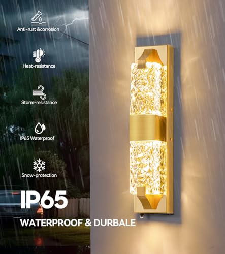 Image of 18.5 inch Gold Outdoor Wall Light Fixture,12W Dusk to Dawn LED 1-Pack | IP65 Waterproof, Ripple Crystal, Hardwired Modern Exterior Sconce, Auto On /Off, for Porch Patio Hallway Entryway House