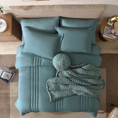 Image of Monbix Oversized King Size Comforter Set - 7 Pieces Blue Green Bed in a Bag Oversized King Bedding Sets with Comforters, All Seasons Comforter Bed Set with Sheets, Pillowcases & Shams