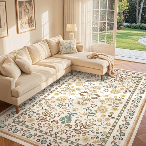 5x7 Area Rug Living Room Rugs Thickened - Washable Boho Vintage Floral Large Soft Non Slip Thin Rug Low Pile Carpet for Bedroom Dining Room Kids Playroom Office Decor Indoor - Brown