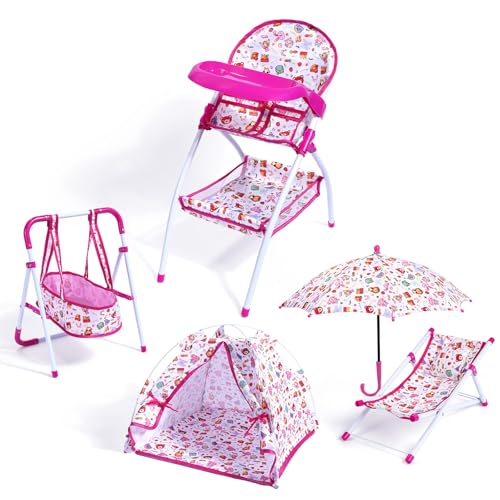 BABESIDE Baby Doll Furniture Set Doll High Chair Swing Beach Chair with Umbrella & Tent Pretend Play Doll Accessories for Girls 3+ Fits 12 Inch DollsNot Doll