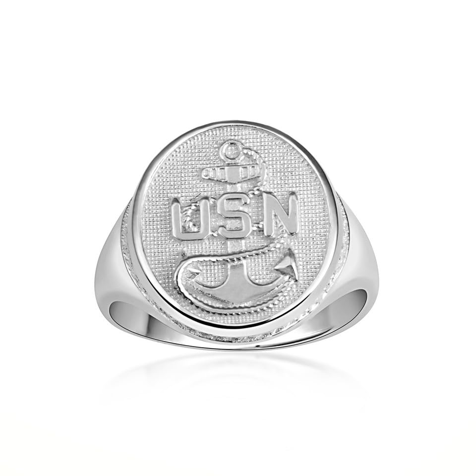 925 Sterling Silver Men's Officially Licensed United States Navy Anchor Chief Petty Officer Oval Signet Band or Pinky Ring, Available in Sizes 6-16