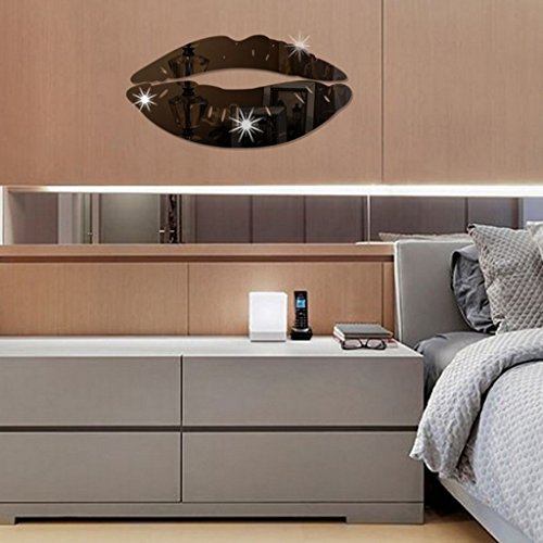 StyLeShop Wall Sticker, 2Pcs DIY Modern 3D Kiss Lip Mirror Wall Sticker Acrylic Art Mural Decal Home Room Decor (Black)