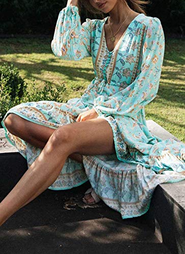 R.Vivimos Women's Long Sleeve Cotton V-Neck Button Up Floral Print Boho Flowy Midi Dresses (X-Large, Blue)