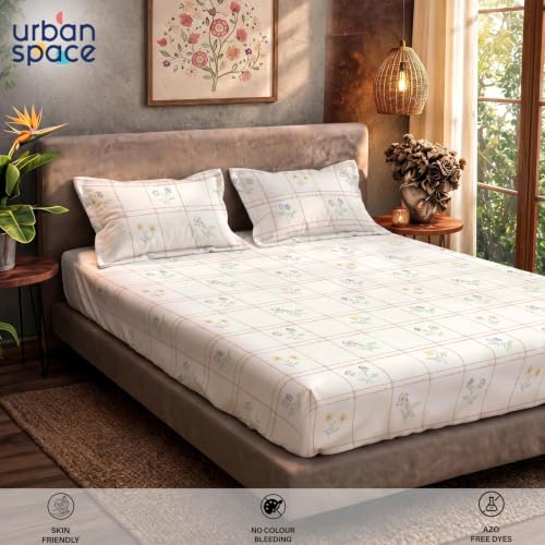 Image of Urban Space Serene 100% Cotton Bedsheet for Double Bed, Floral Queen Size Bed Sheet with 2 Pillow Covers (88 x 100 Inches, Petal & Pane Buttercream)