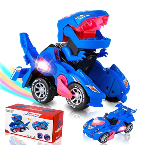 DxxD Dinosaurios Juguetes Niños 3 4 5 6 años, Coche Transformador Dinosaurio, Transformable Automático Juguetes con Luce y Sonido, Juguete Dducativos Cumpleaños Regalos para Niños Niñas Bebé, Azul