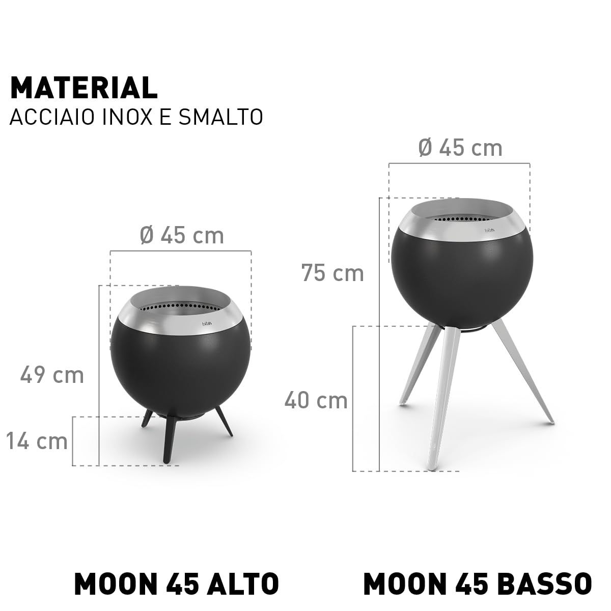 Höfats - Braciere Moon 45 senza fumo con base bassa in acciaio inox - Braciere smaltato con tecnologia carburatore per legno