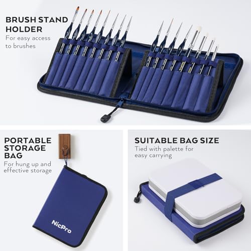 Image of Nicpro Professional Miniature Painting Kit, with Wet Palette, Miniature Painting Handle, 16PCS Detail Paint Brushes Drybrush with Nylon Bag, Pallet Paper, Sponge, Brush Holder Mixing Paint Palette