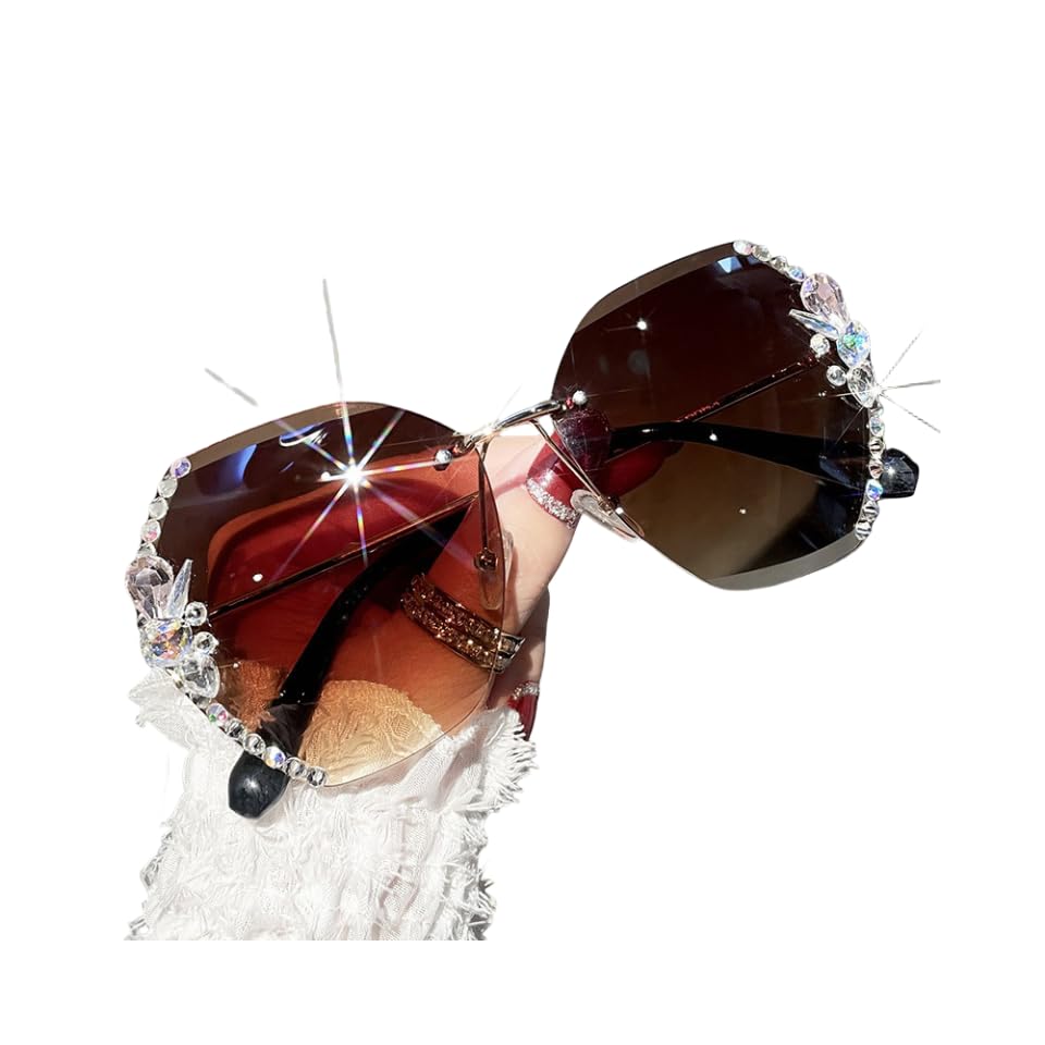 2022 Woman Rimless Diamond Sunglasses, Women Oversized Rimless Gradient Diamond Cutting Lens Sunglasses