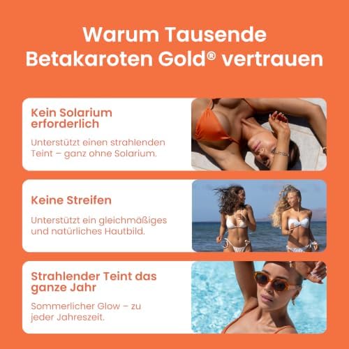 Betakaroten Gold® Beta Carotin Kapseln, 6 mg für sanfte Bräune von innen - Norwegische Qualität - 60 Kapseln - vegan - mit Kokosöl, Biotin, Kupfer & Vitamin C,A,E - 3-Monats-Vorrat