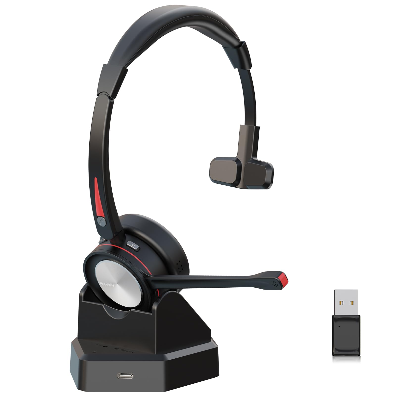 Bluetooth Headset mit Mikrofon für PC, Mono Wireless Headset mit USB Adapter & Ladestation, 40 Stunden Sprechzeit, Mono kabelloses für Arbeit Laptop Handy Microsoft Teams Telefon