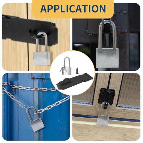 Image of 2 Sets Door Lock Latch 5 Inch Pad Lock Hasp Latch Stainless Steel Latch Lock with 1.5 inch Long Shackle for Cabinets Closet Inside Door (Black)