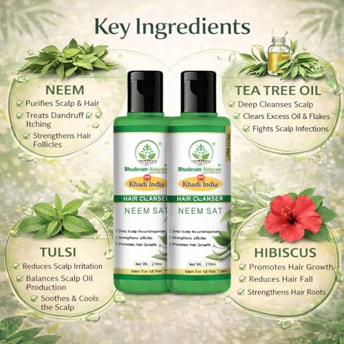 Image of Bhudevam Natural Khadi Neem Sat Shampoo Nourishing Herbal Blend for Strong & Shiny Hair | Neem sat shampoo Hair Fall Control & Anti Dandruff | Soothe Scalp & Reduce Dandruff - Organic Herbal Formula | Suitable for All Hair Types- Pack of 2