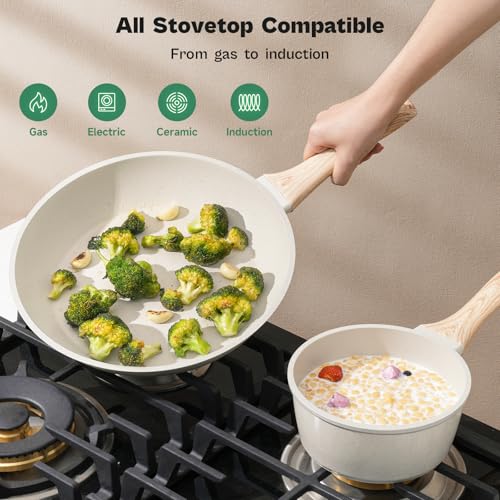 Image of SODAY Pots and Pans Set Non Stick, 13Pcs White Granite Induction Cookware | PFAS /PFOA /PFOS Free Nonstick Kitchen Cookware Sets, with Eggs Pan, Fry Pans & Saucepans