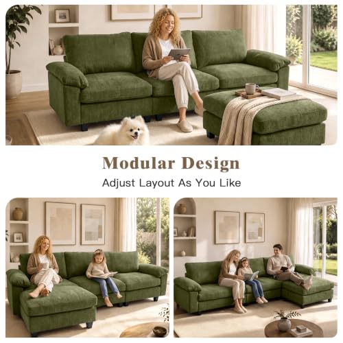 Image of Sectional Couches for Living Room, 109 inch L Shaped Cloud Sofa & Couch | Upholstered Armres, 22 inch Seat Depth, Movable Ottoman, Comfy Chenille, Easy Assembly, Green