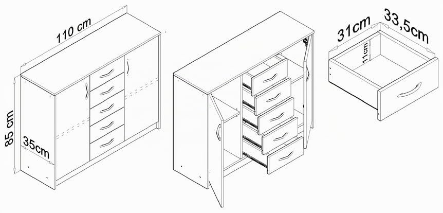 MATKAM Moderne Kommode 2D5S mit 2 Türen und 5 Schubladen - Robuste Aufbewahrungslösung für Schlafzimmer und Wohnbereiche (Anthrazit Grau-Wotan Eiche)