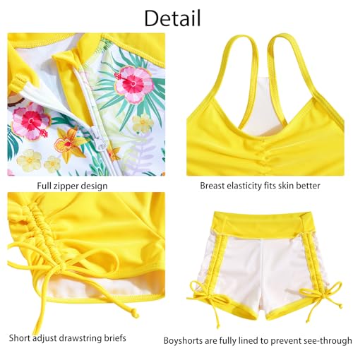 Image of Funnycokid Girls Swimsuit 3 Pieces Zip Rash Guard Bathing Suits Set Kids Bikini Boyshort Summer Swimwear 3-14 Years