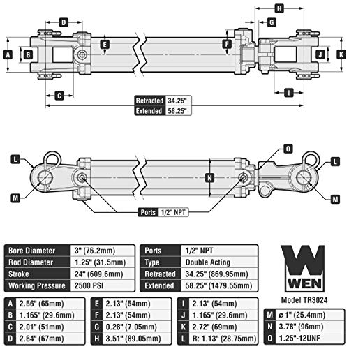 Image of WEN TR3024 2500 PSI Tie Rod Hydraulic Cylinder with 3 in. Bore and 24 in. Stroke