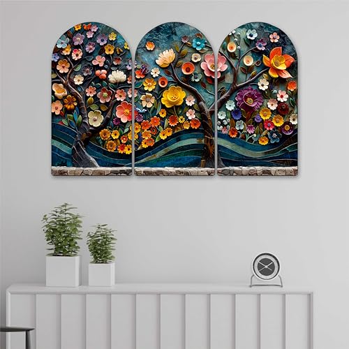 Image of Livin'luxe Colorful 3D Floral Arch Shape Wall Painting Set of 3 | Sparkle Laminated HD Print on MDF | Vibrant Flower Artwork for Living Room Bedroom Hall Home Decor (24 x 36 Inch) RPNM-35353