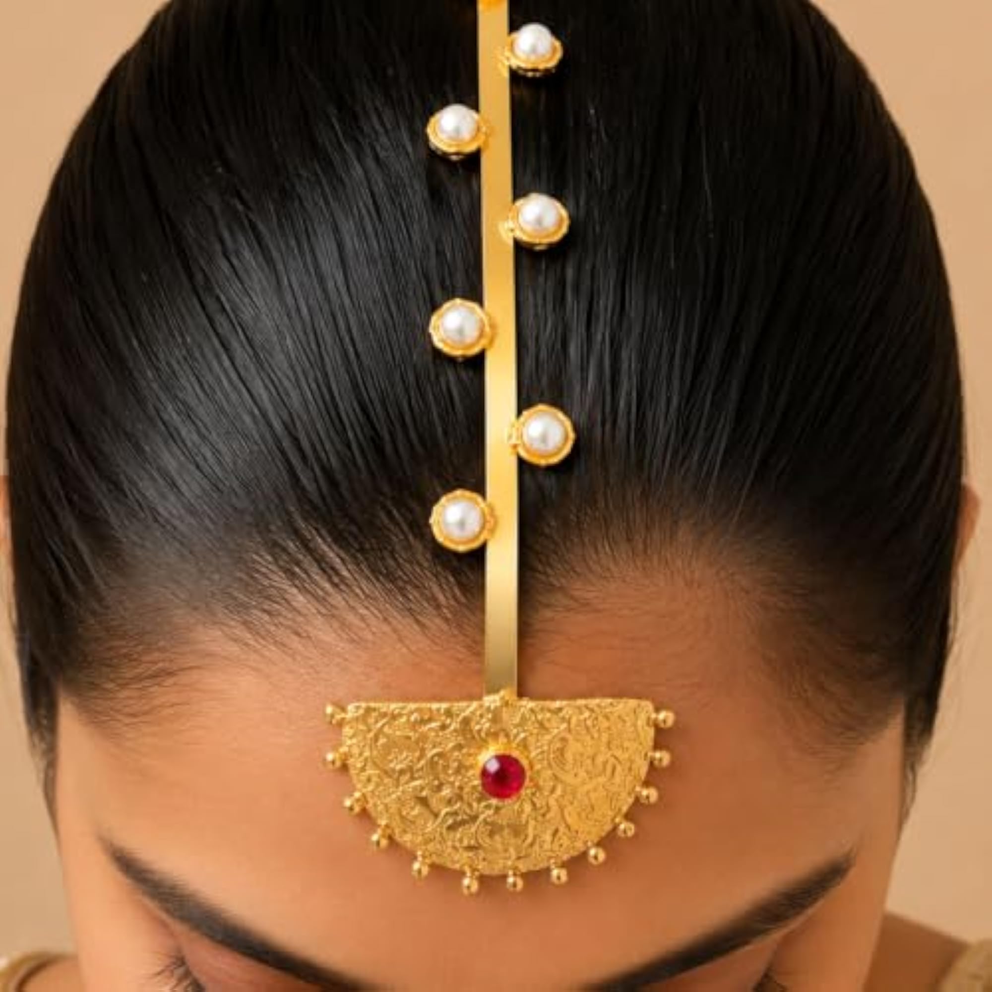 Traditional Gold Plated Maangtikka with Pearl & Red Stone Pendant