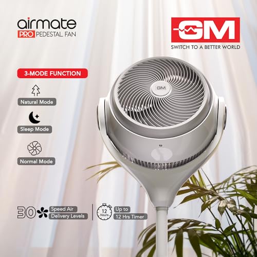 Image of GM Airmate Pro Pedestal Fan with Remote | White| 230mm Sweep | BLDC Motor | 3D Oscillation | 30-Speed Control | Silent Operation | Timer | Adjustable Height | Powerful Cooling Fan