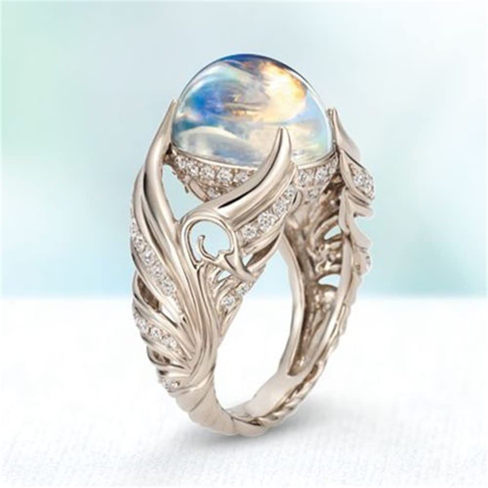 Spiritual Gorgeous 925 Sterling Silver Ring Angel Wings Wedding Band Charming Moonstone Diamond Jewelry Casual Accessory Engagement Rings FS001