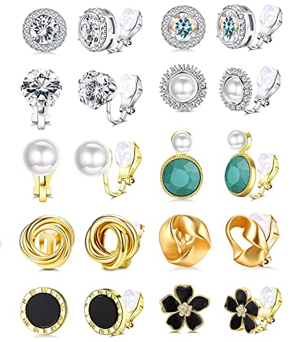 JeweBella 10Paires Boucles d'oreilles Clips Femme Filles Non Percé Sur Zircone Cubique Fleur Perle Twist Noeud Boucles d'oreilles Hypoallergénique Fleur Boucles d'oreilles Or/Argent Ensembles Bijoux