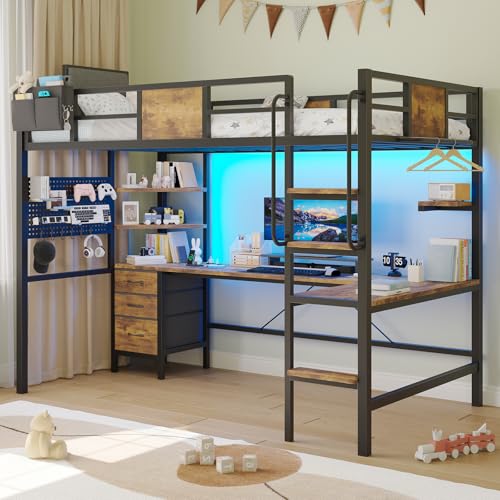 BYSAUD Twin Loft Bed with L Shaped Desk and 3 Fabric Drawers,Bunk Bed with Desk and Charging Station & LED Lights, Metal Loft Bed with Safety Guard & Ladder,Rustic Brown