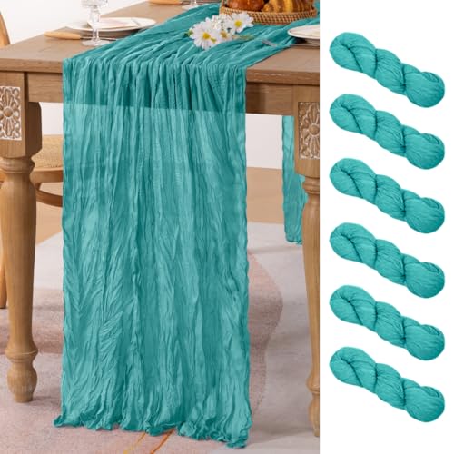 Image of MLMC 6 Pack Teal Table Runner 10ft Rustic Summer Cheesecloth Table Runner Gauze Cheese Cloth Centerpiece Decororations 65x120 Inches for Wedding Baby Shower Outdoor Picninc Decor