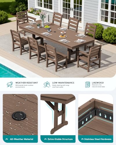Image of SERWALL 9 Piece 84 inch HDPE Outdoor Dining Set with 6 Armless Chairs, 2 Armchairs and Umbrella Hole for 8, Brown