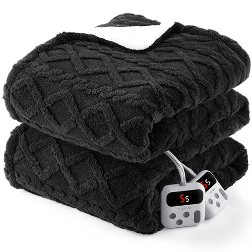 CAROMIO Electric Blanket Queen Size Dual Control - Thick Tufted Sherpa Heated Blanket Queen with 10 Heating Levels and 10 Time Settings, ETL Certified Fast Heating Blanket Queen Size 84"×90", Black