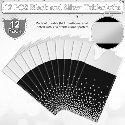 Image of 12Pcs Black Silver Tablecloth Party Decorations,Plastic Black Table Cloth Printed Silver Table Runner Disposable Rectangle Table Cover for Birthday Anniversary Wedding Graduation Party,54 x108 Inch