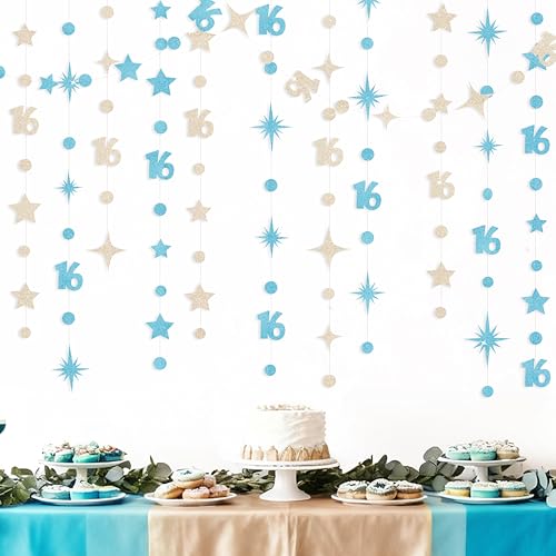 Image of Champagne Gold Blue 16th Birthday Decorations Number 16 Circle Dot Star Garland Glitter Streamer Banner Backdrop for Girls Boys Sweet Sixteen Cheers to 16 Years Old Happy 16th Birthday Party Supplies