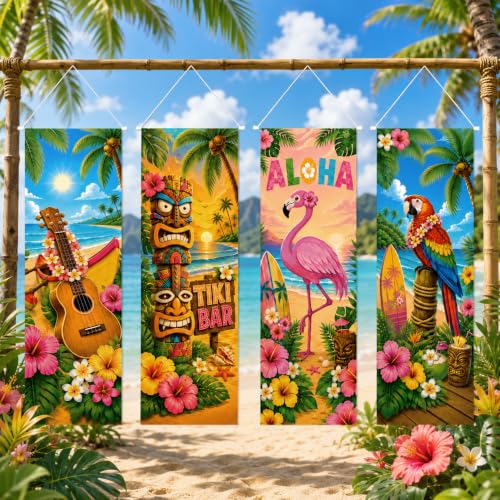 Cinrobiye 4 Pcs Hawaiian Luau Party Porch Sign Decorations, Tropical Aloha Door Banner with Tiki Flamingo Beach Design, Summer Party Hanging Backdrop for Tiki Bar, Birthday, Outdoor Indoor Events