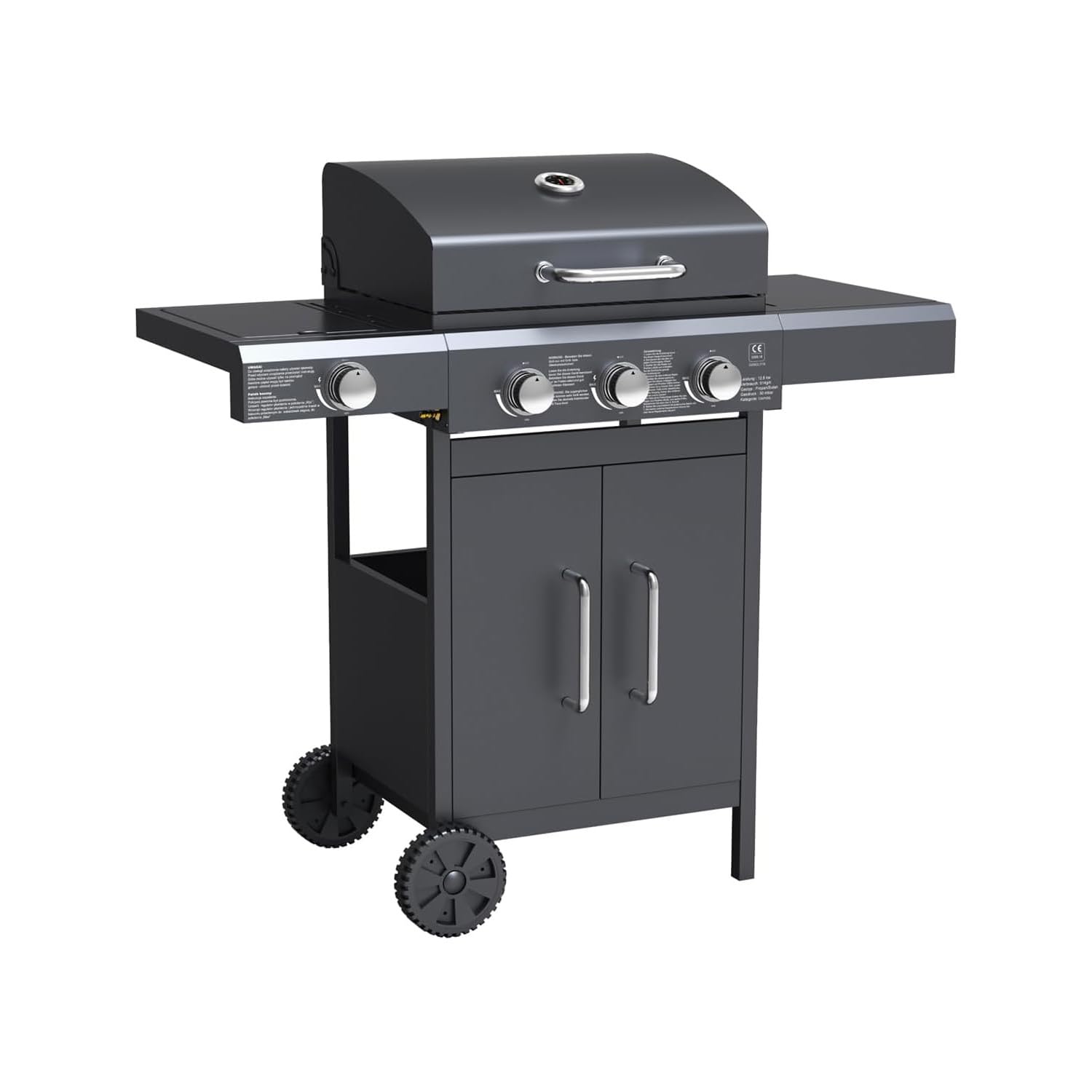 BBQ a Gas con 3 Bruciatori e Fornello Laterale e Termometro Integrato - Barbecue in Acciaio Lucido, Ideale per Terrazzi e Giardini, 106x52.8x101.6cm, Nero