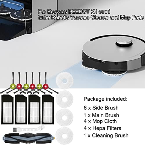 QAQGEAR Replacement Parts for Ecovacs Deebot X1 Omni/Turbo Robot Vacuum Cleaner, Accessories Kit 6 Side Brush, 1 Main Brush, 4 Filter, 4 Mop Cloth, 1 Cleaning Brush (15 Pack)
