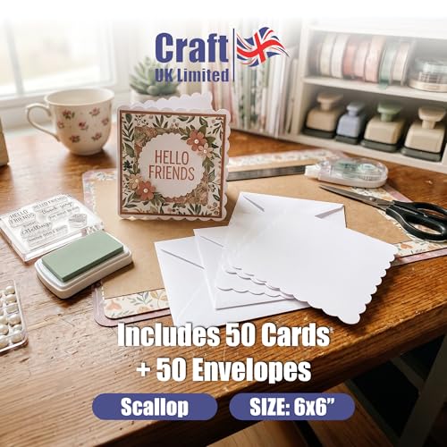 Image of Craft UK 50 Scalloped Cards and Envelopes, White, 6 x6-Inch, 25 x 55 mm 385 836