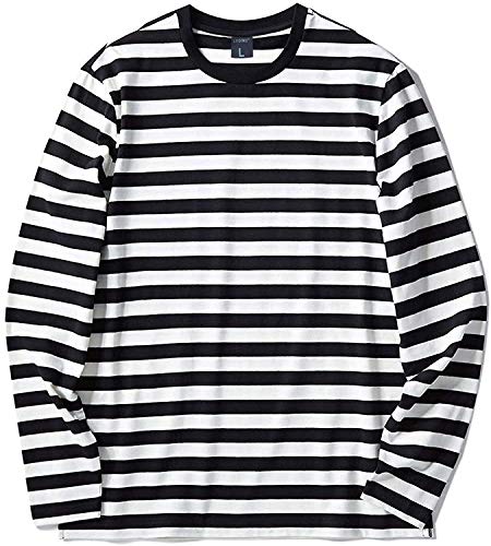 LEDING Men's T-Shirt Casual Cotton Spandex Striped Crewneck Long-Sleeve T-Shirts Basic Pullover Stripe Man tee Shirt