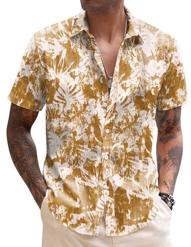 COOFANDY Camisa para Hombre Manga Corta Hawaiana Camisa Casual Lino Camisa Verano Camisa Floral Vacaciones Hojas - Amarillo&Blanco XL