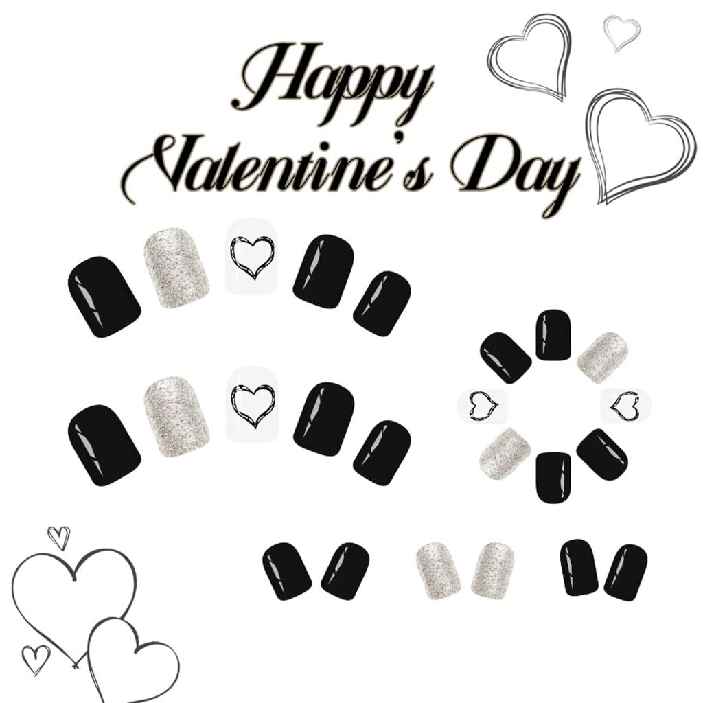 Silver Glitters Artificial Nails 24PCS Valentine Black Heart Design Short Square Fake Nails For Girls Party Wedding
