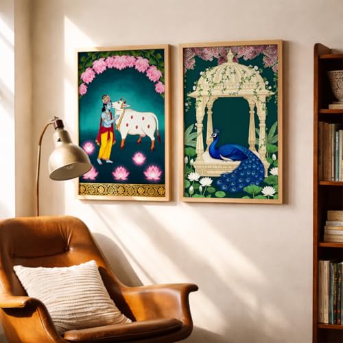 Image of TheMakerly Traditional Indian Wall Painting Set of 2 | Radha Krishna Wall Art Frames | Vintage Religious Wall Decor for Living Room Bedroom Home Temple (KR05, 13x19 inches)
