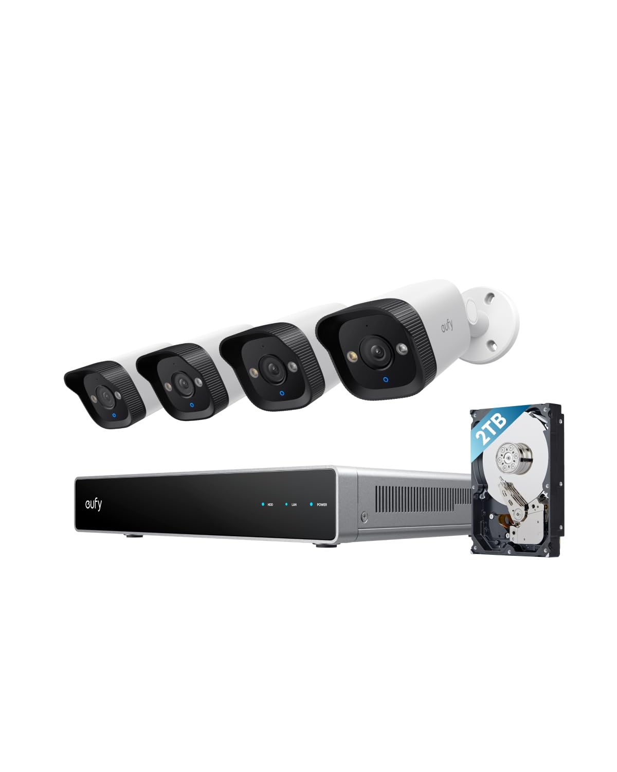 eufy PoE NVR Security System E40, 4× 4K 8MP Bullet-Kameras, PoE IP-Kamera, verkabelte Außenkameras, 122° Weitwinkel, Farbnachtsicht, smarte Videosuche, KI-Erkennung,Stroboskop rot-blau, 2TB HDD
