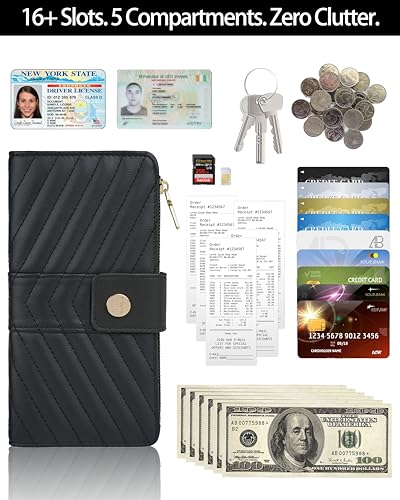 Image of Black Women's Trifold Wallet,Large Capacity RFID Long Wallet | 16 Card Slots,2 ID Windows,4 Bill Compartments,Vegan Leather,Double Zipper Pockets,Large Capacity Organizer